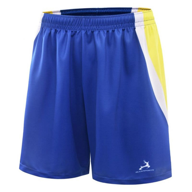Blue training shorts with yellow and white accents, featuring a logo on the left leg.