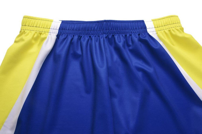 Blue training shorts with yellow and white side panels, featuring an elastic waistband and a logo.