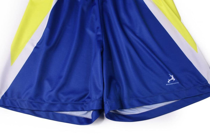 Blue and yellow training shorts featuring a logo, designed with a sporty and modern look.
