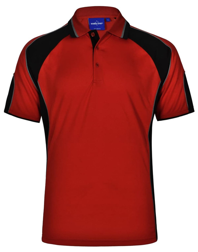 A red polo shirt with black accents, featuring a collar and a logo on the upper part.