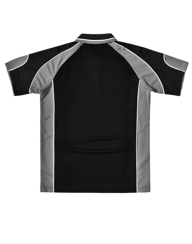 A black and grey men's polo shirt featuring contrasting panels and a logo.