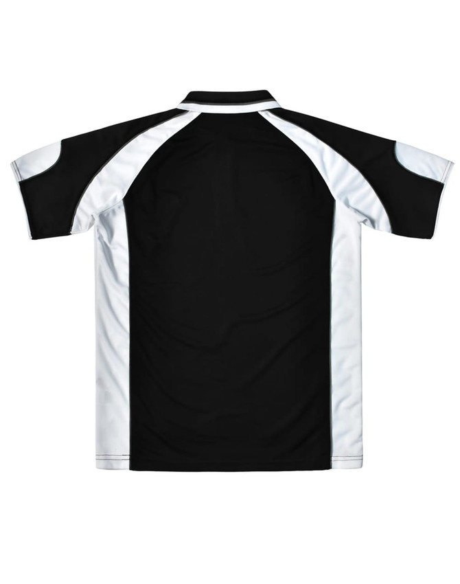 A black and white men's polo shirt featuring a logo, with a short sleeve design and a sporty look.
