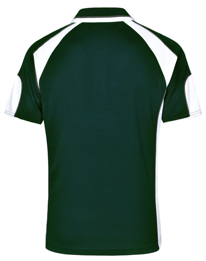 A dark green polo shirt with white detailing and a small logo on the back.