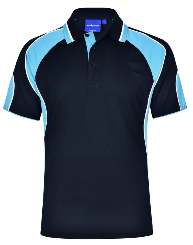 A black polo shirt featuring blue accents and a logo on the collar. Short sleeves with contrasting details.