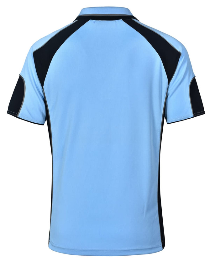 A light blue polo shirt with black accents and a logo on the back.