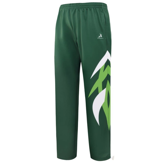 Green sweatpants featuring a large white and green design on the left leg, with a logo on the waistband.