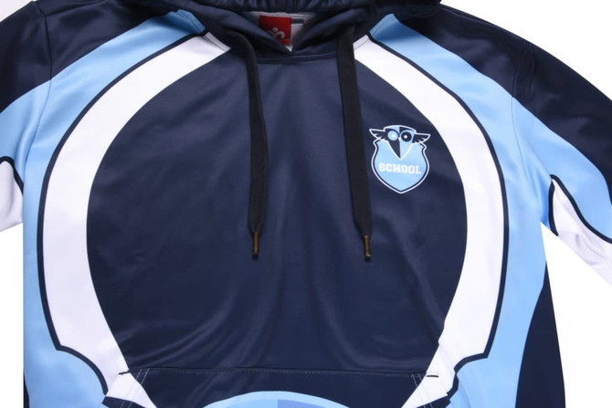 A navy and light blue hoodie featuring a logo, with a drawstring hood and a sporty design.