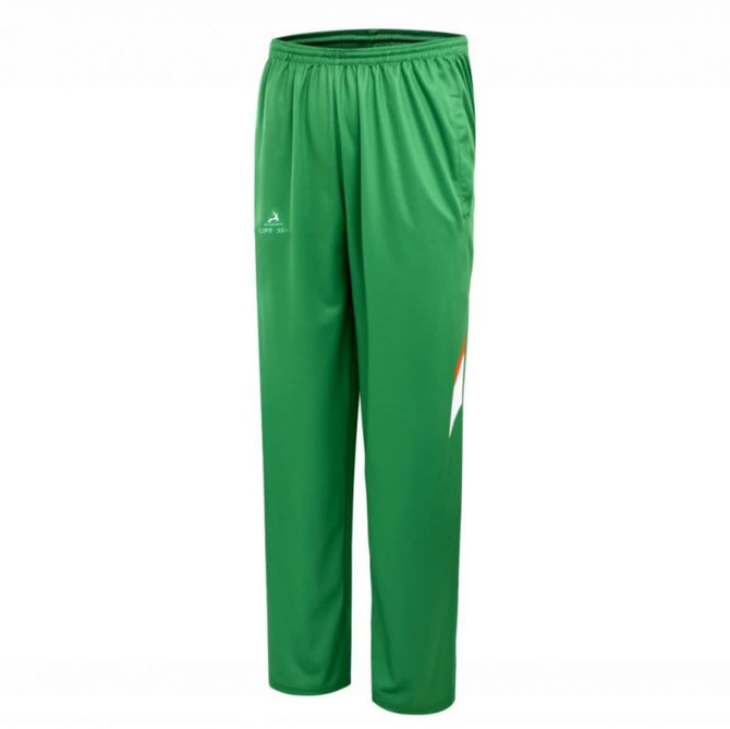 Green tracksuit pants featuring a logo and a colourful design on the side. Ideal for sports or casual wear.