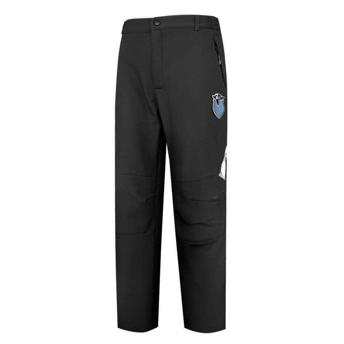 Black softshell pants with a side pocket and a logo on the upper leg.