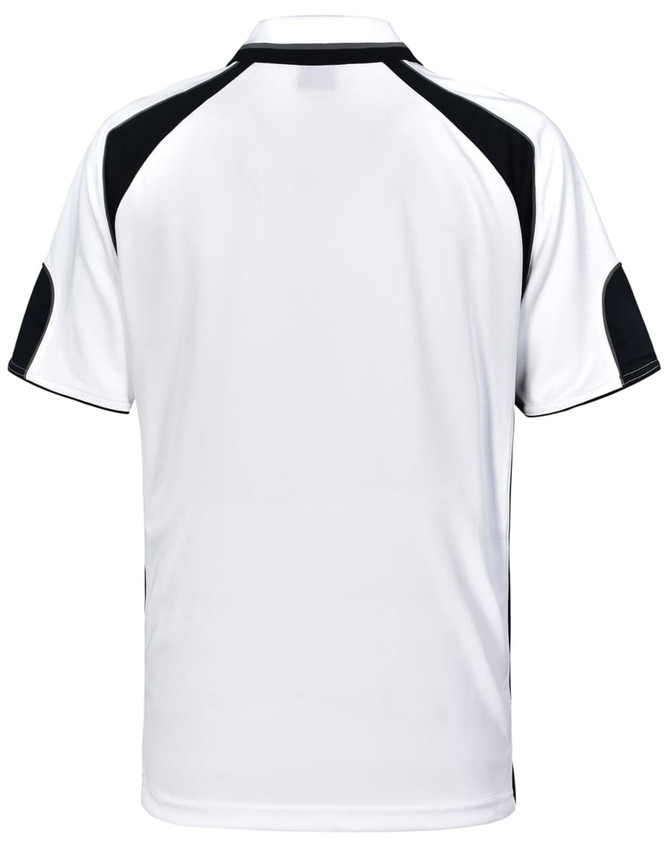 A white polo shirt with black accents and a logo on the back. The shirt features short sleeves and a classic collar.