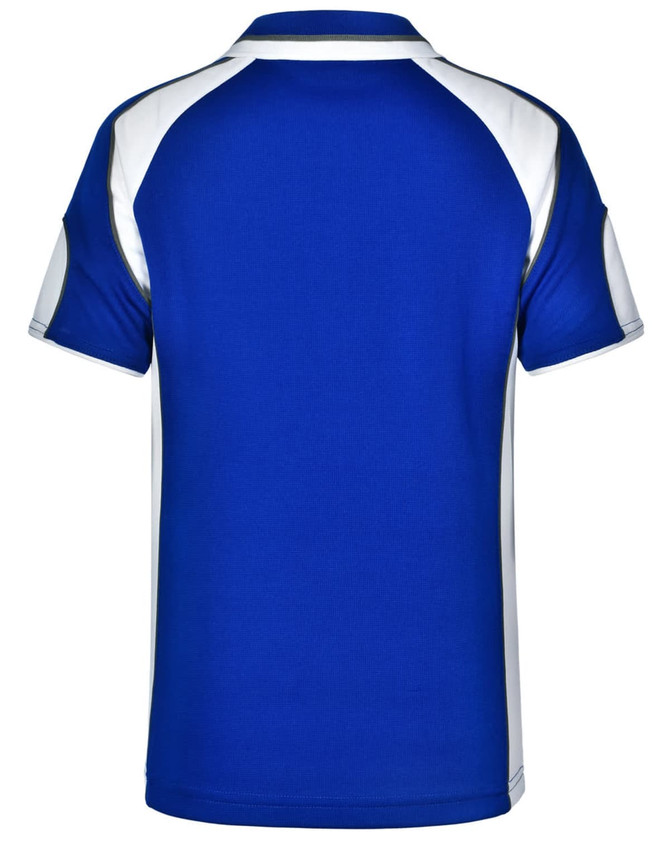 A blue polo shirt with white accents and a logo on the back. The design features a sporty, athletic style.
