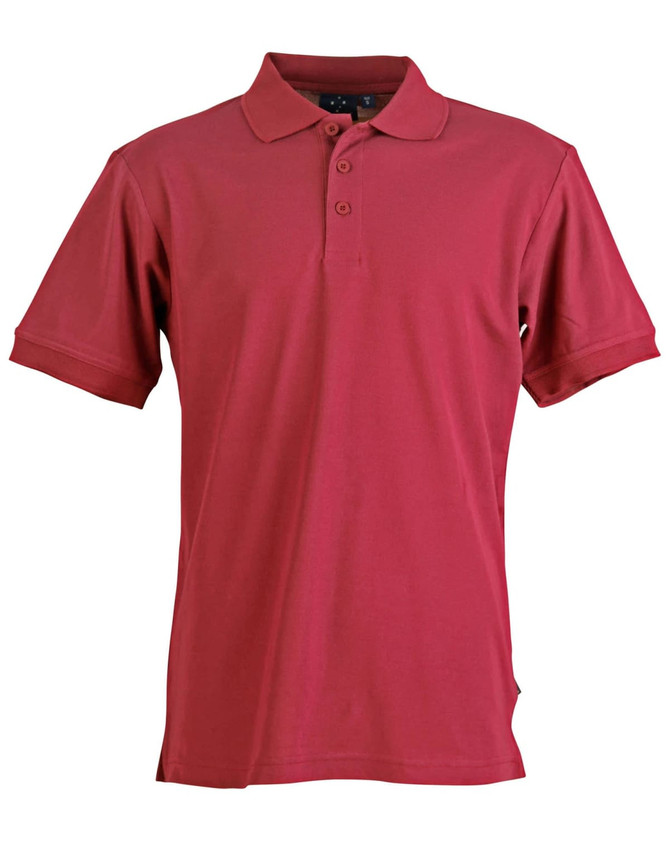 A red men's polo shirt with a collar, short sleeves, and a logo on the chest.