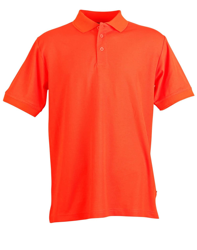 An orange polo shirt featuring a collar and short sleeves, with a logo on the front.