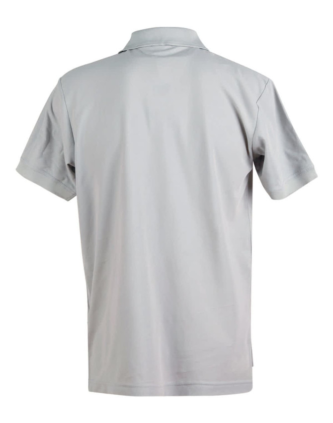 A grey men's polo shirt featuring a standard collar and short sleeves. It has a logo on the front.