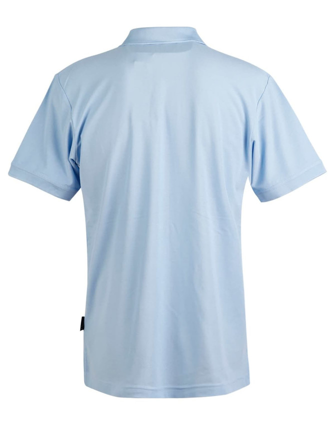 A light blue men's polo shirt featuring a collared neck and short sleeves, with a logo on the side.