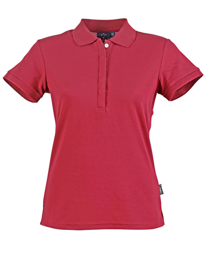 A red ladies' polo shirt with a collar, short sleeves, and a logo on the side.