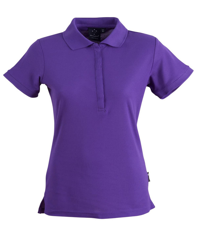 A purple ladies' polo shirt featuring a collared neckline and short sleeves, with a logo on the chest.