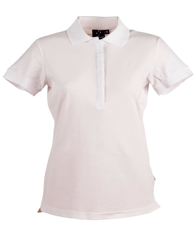 A ladies' polo shirt in white with a contrasting collar, featuring a logo.