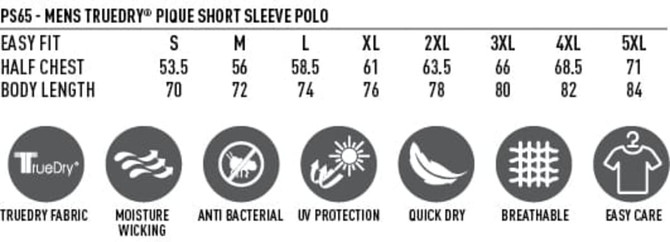 A promotional image of the Men's Grace Polo listing size measurements, fabric details, and features in a tabular format.