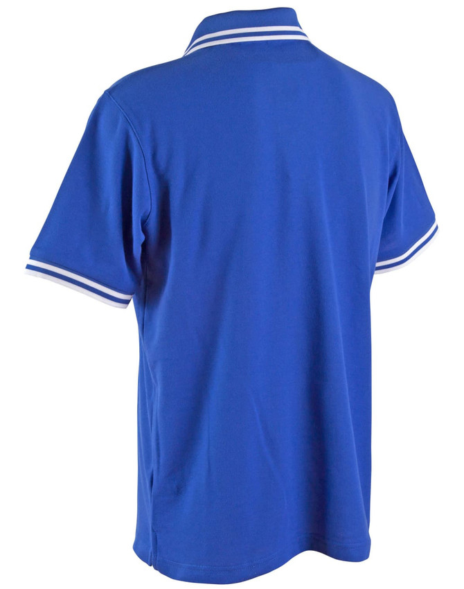 A blue men's polo shirt with contrasting white stripes on the collar and sleeves, featuring a logo.