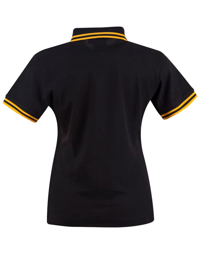 A black polo shirt featuring contrasting yellow stripes on the collar and sleeves. It has a logo.