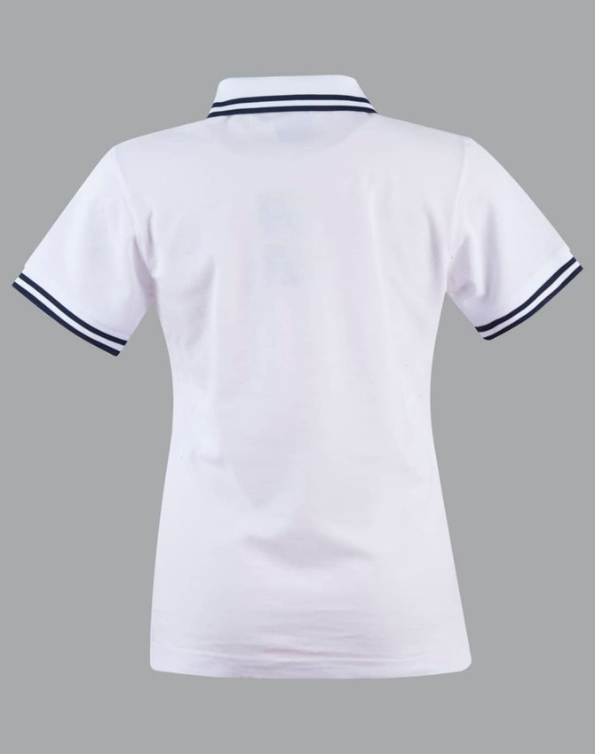 A white polo shirt with a fitted design and navy stripes on the collar and sleeves, featuring a logo.