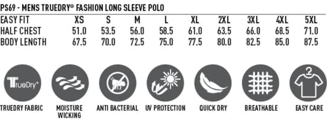 A detailed product chart for the Men's TrueDry Long Sleeve Polo, highlighting sizes and features.