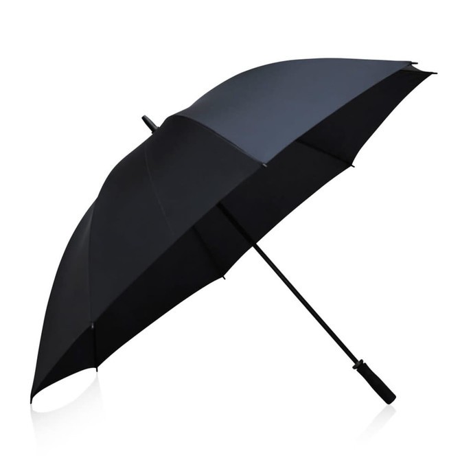 A black umbrella with a sleek design and a sturdy handle, featuring a logo on the handle.
