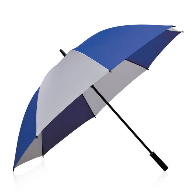 A blue and white umbrella with a black handle and a logo on the shaft. It features a spacious, two-tone canopy.