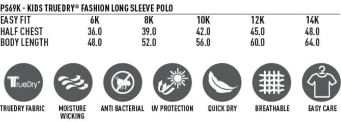 A table displaying sizing information for the Kids' TrueDry Long Sleeve Polo, featuring attributes like easy fit, moisture wicking, and UV protection.