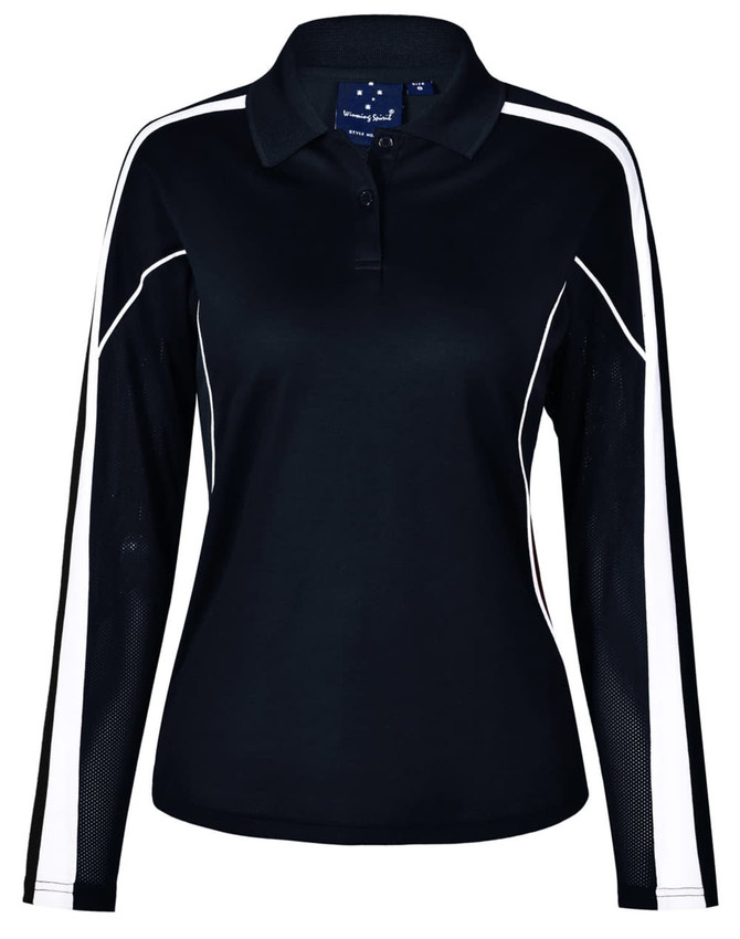 A black long sleeve polo shirt with white side stripes and a collar. Features a logo on the front.