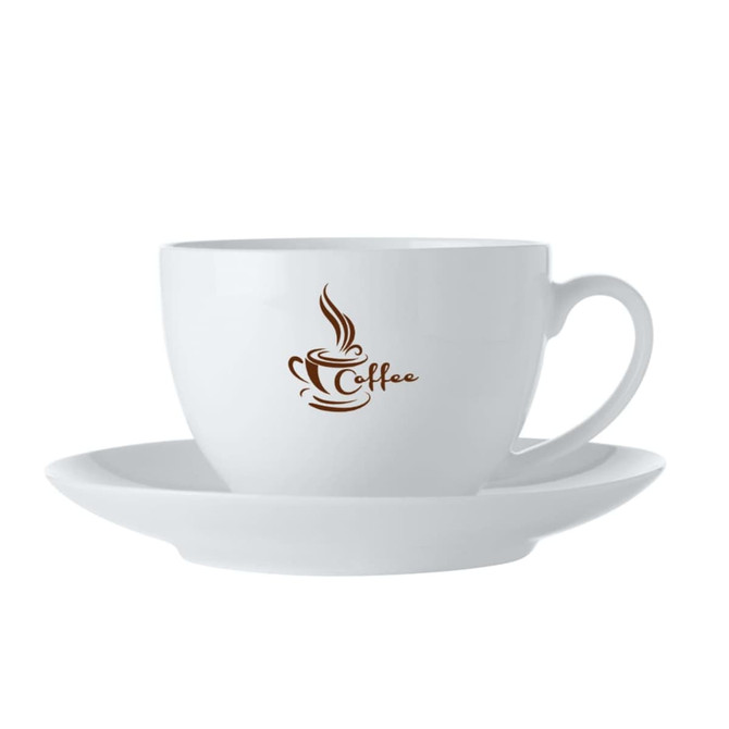 A white coffee cup with a matching saucer, featuring a simple logo design on the cup.