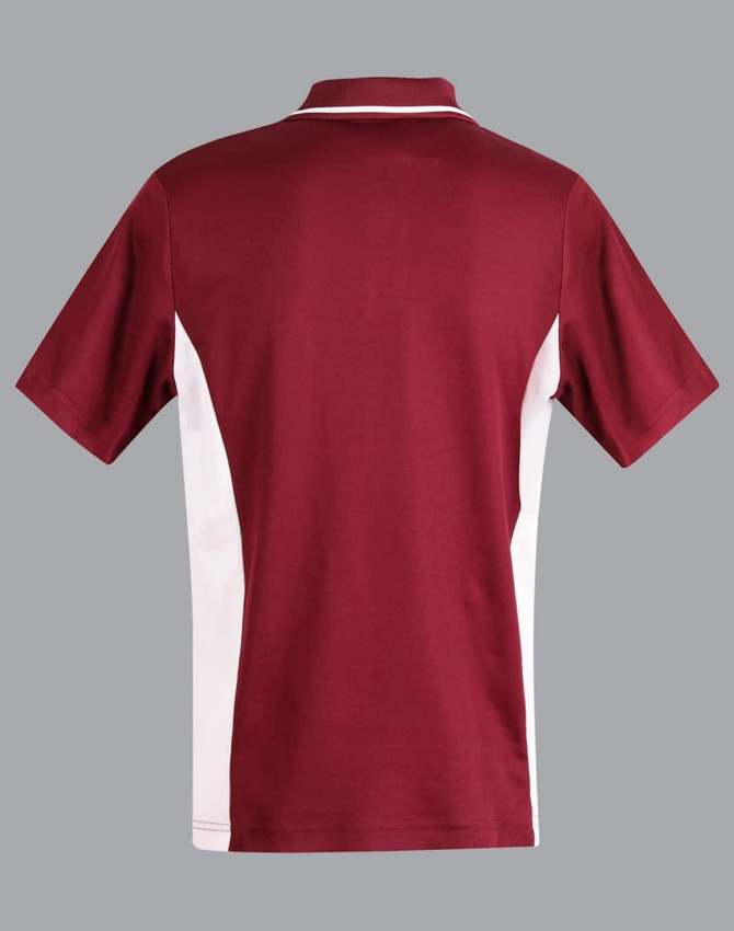 Men's TrueDry Contrast polo shirt in maroon with white side panels and a collar, featuring a logo.