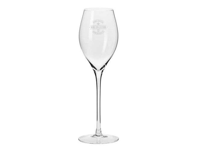 Elegant clear Prosecco glass with a slender stem, featuring a logo design. Ideal for serving sparkling drinks.
