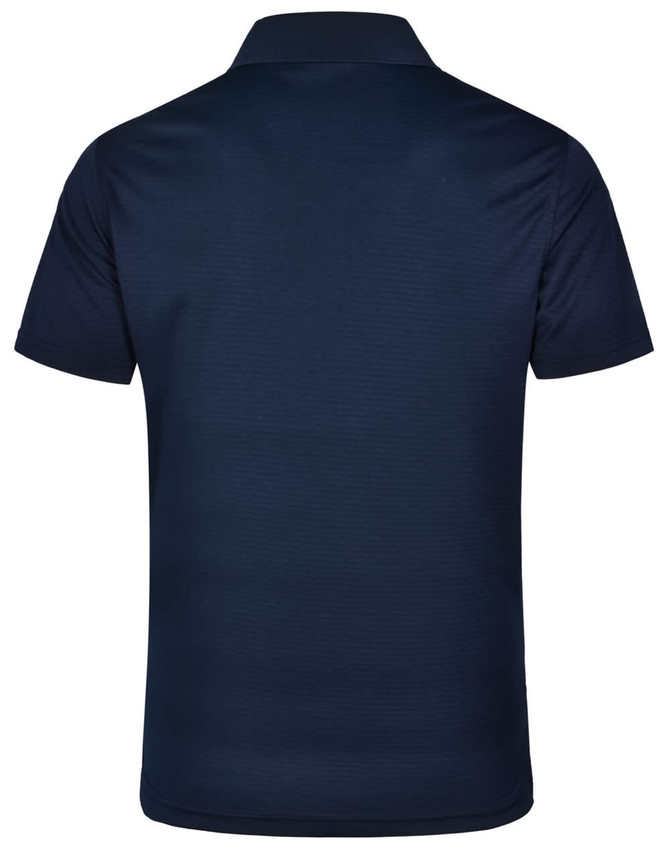 A navy blue men's polo shirt with a textured pattern and a collar, featuring a logo.