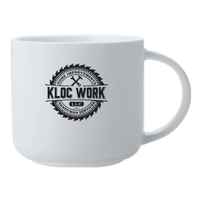 A white coffee mug with a round shape and a logo featuring tools and text.