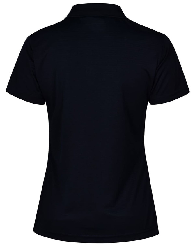 A black ladies' polo shirt with a textured finish, featuring a collar and short sleeves. The shirt has a logo.