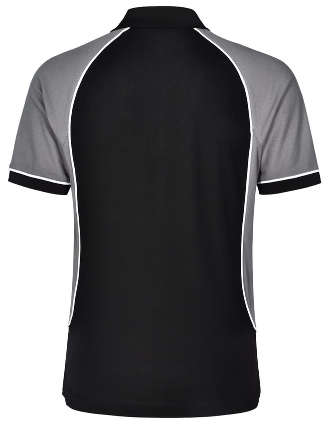A tri-colour short-sleeve polo shirt featuring black, grey, and white detailing, with a logo on the collar.