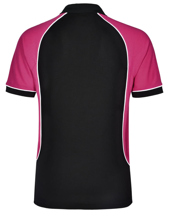 A polo shirt featuring a black body with pink accents and white piping details. The back view highlights the tricolour design.
