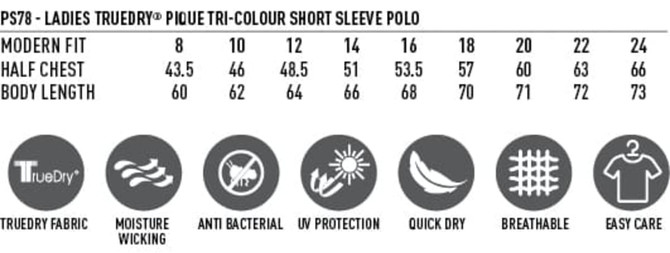 A tri-colour ladies' short sleeve polo shirt featuring a modern fit, with a branding logo and various measurements.