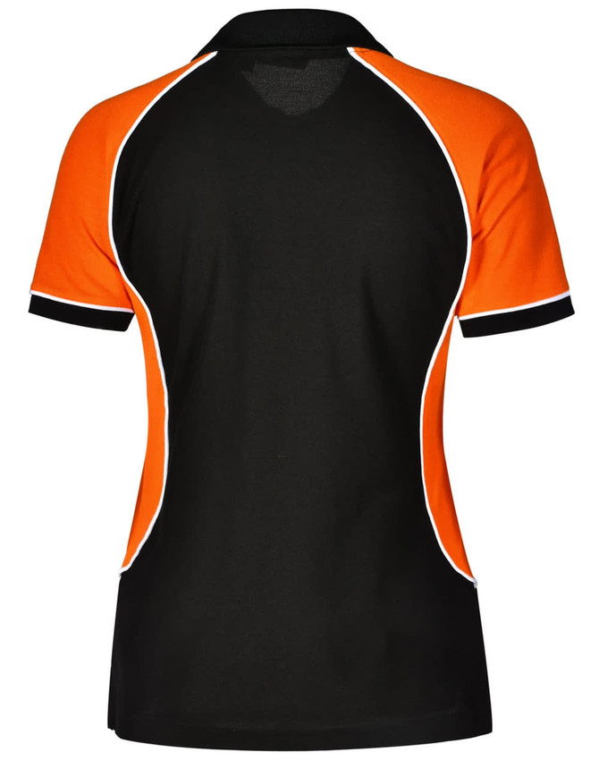 A tri-colour polo shirt in black, orange, and white with a contrasting design and a collar. Includes branding.