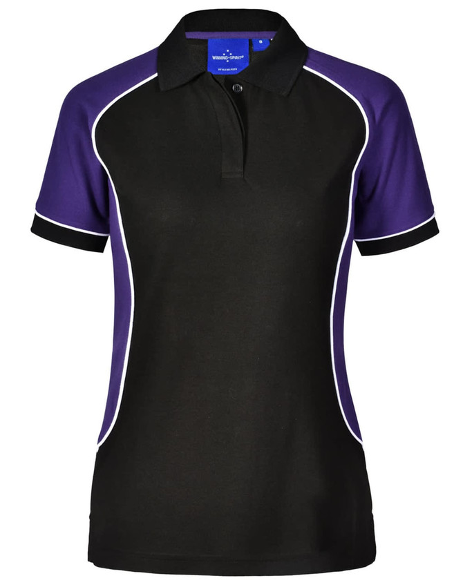 A ladies' polo shirt in black and purple with contrasting white piping and a collar. It features a logo.