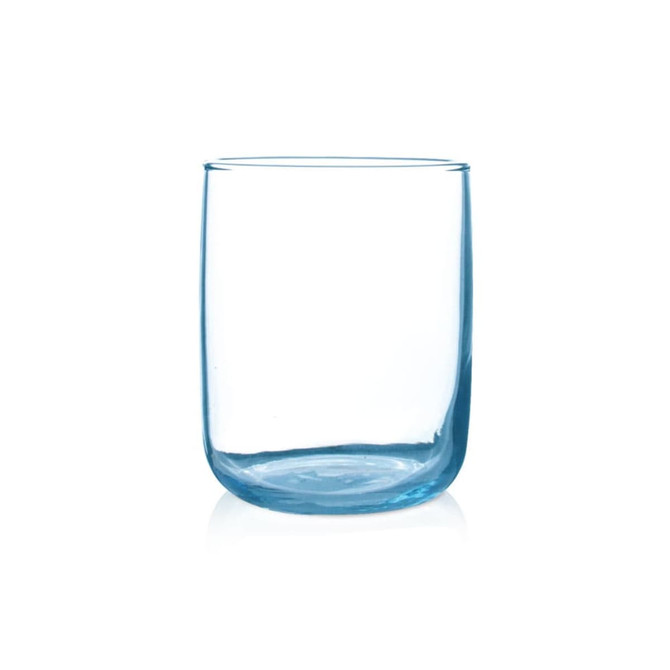A glass tumbler in a light blue hue, featuring a smooth, rounded design and a transparent finish.