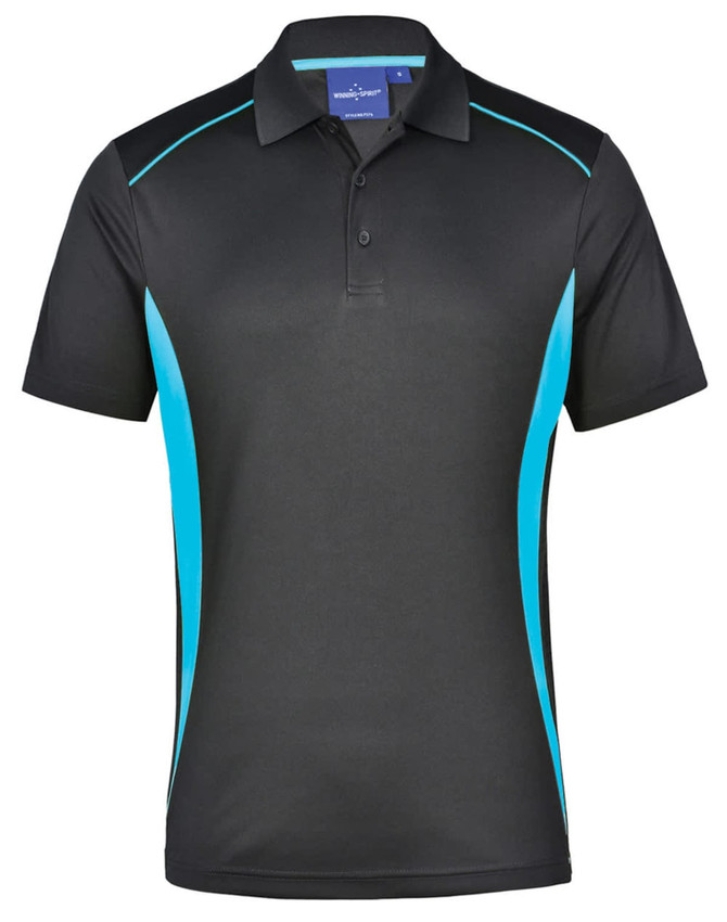 A black polo shirt with turquoise contrast panels and a logo on the chest. Short sleeves and a classic collar design.