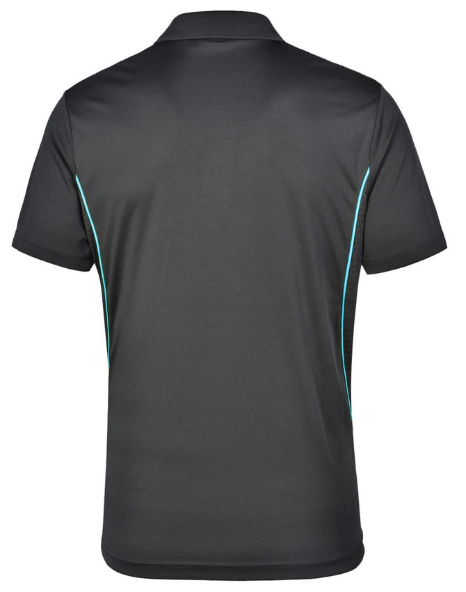 A black men's polo shirt featuring contrast detailing in a turquoise shade, with a logo on the back.