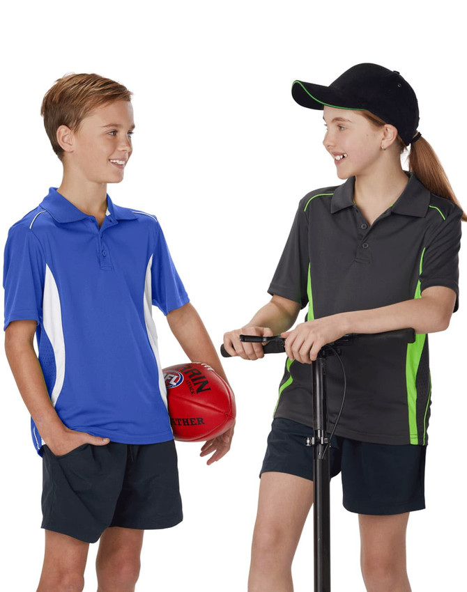 Two children wearing polo shirts: one in blue with white accents and one in charcoal with green accents.
