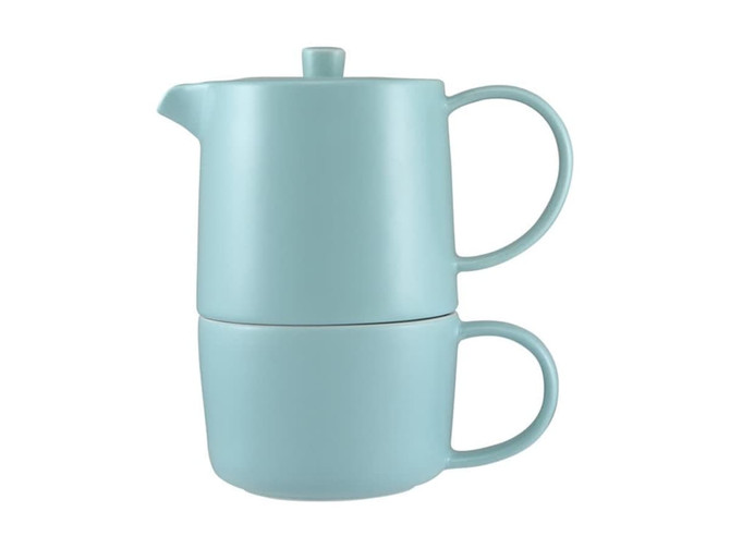 A teal tea for one set featuring a teapot with a cup that stacks underneath. Includes a handle and a lid.