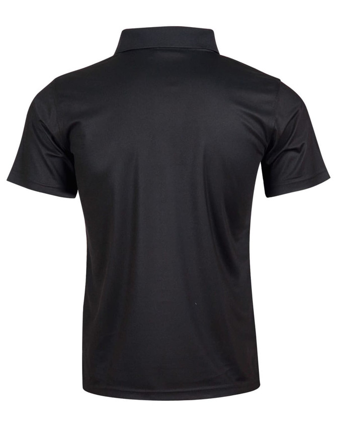 A black short-sleeve polo shirt with a collared neckline and a logo. The back view displays a smooth, solid design.