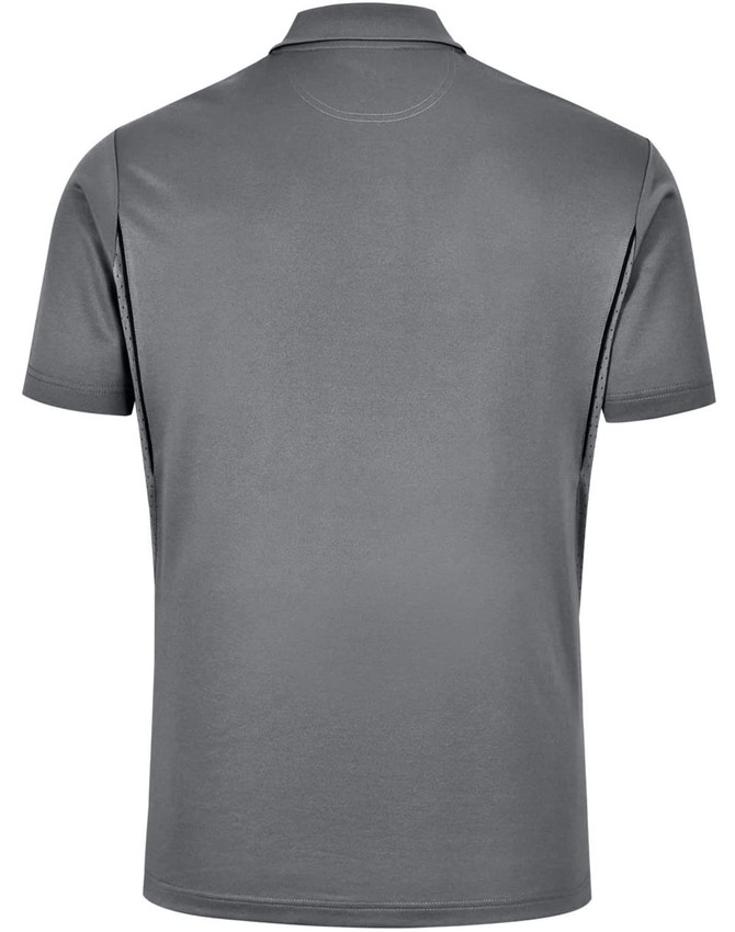A grey men's sustainable poly/cotton polo shirt with a classic collar and short sleeves, featuring a logo.