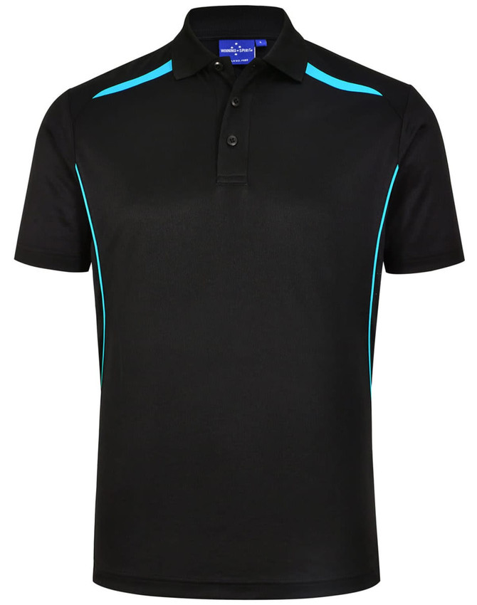 A black polo shirt featuring turquoise contrast stripes and a logo on the collar.